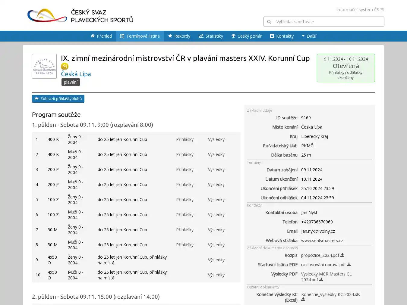 Veranstalterhomepage - https://vysledky.czechswimming.cz/souteze/9169
